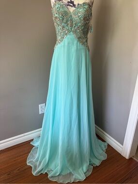 Tony Bowls Le Gala Aquamarine Chiffon Prom Gown with Beaded Bodice